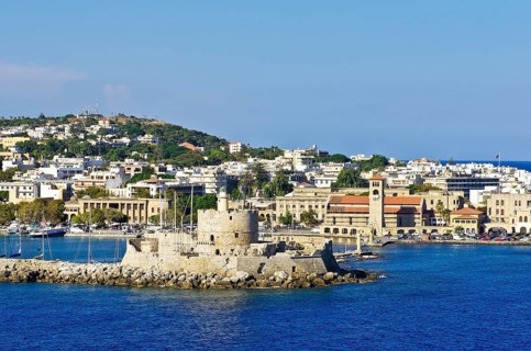 Harbour entrance of Rhodes with the fortified tower of Agios Nikolaos