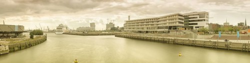 Panoramic view from Baakenhafenbruecke bridge of HafenCity quarter