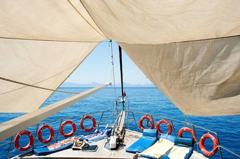 Set sail and life rings on a cruise ship in the Turkish Aegean Sea
