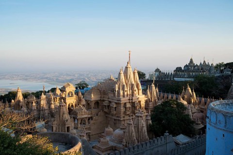 Domes and Shikhara towers at a temple complex on the holy mountain Shatrunjaya