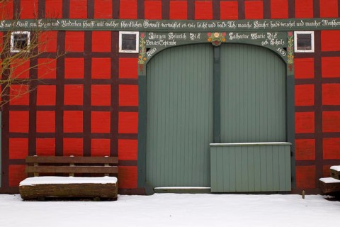 Typical historic Lower Saxon half-timbered house at rundling village of Satemin
