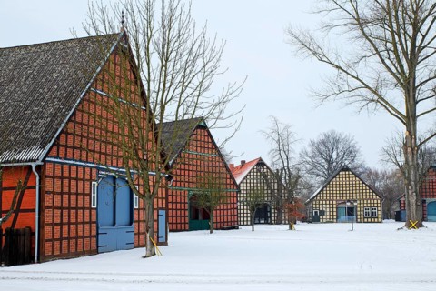 Historic Lower Saxon half-timbered houses in rundling village of Satemin