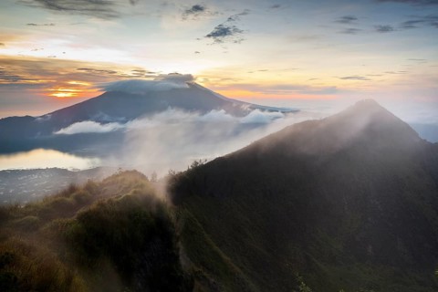 Batur Volcano and Lake Batur at sunrise