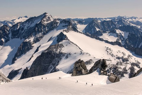 Mountaineers climbing a glacial field to the summit of Mt Schwarzenstein