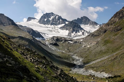 Jambach stream flowing from Jamtalferner Mountain into Jamtal Valley