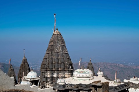 Domes and Shikhara towers of the temple on the sacred mountain of Girnar