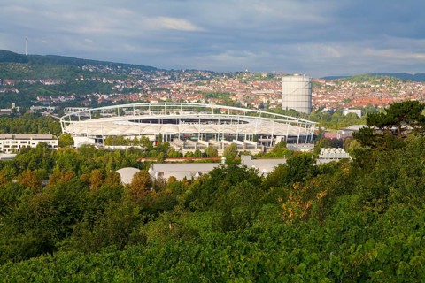 View across vineyards to the Mercedes-Benz Arena