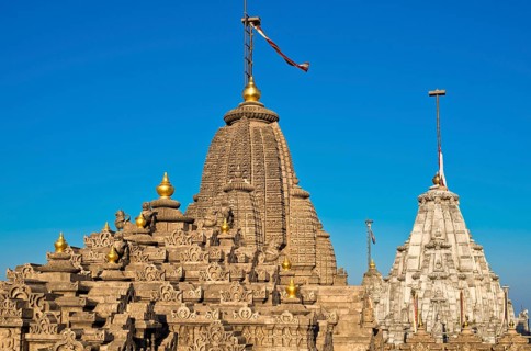 Domes and Shikhara towers at a temple complex on the holy mountain Shatrunjaya