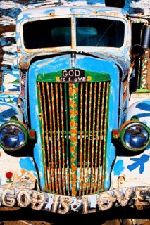 Old truck painted with religious slogans