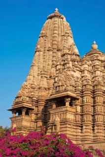 Hindu temple with flowering bougainvillea
