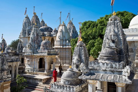 Domes and Shikhara towers at a temple complex on the holy mountain Shatrunjaya