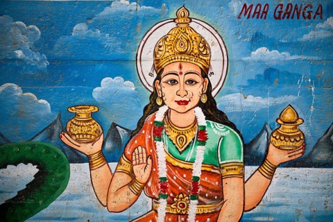 Mother Goddess Ganga painted on the wall of a house on the banks of the Ganges River