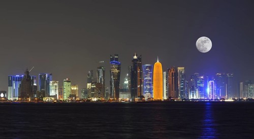 Night skyline of Doha with the Al Bidda Tower