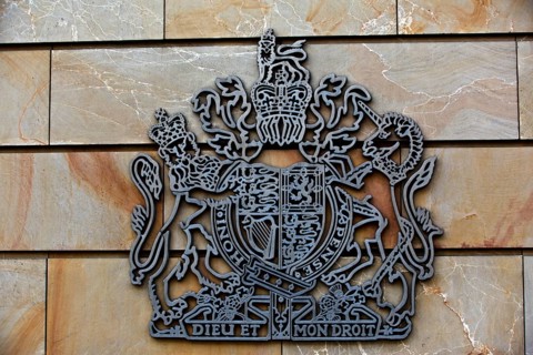 Coat of arms of the United Kingdom and the dominions of the British crown on the wall of the British Embassy in Berlin