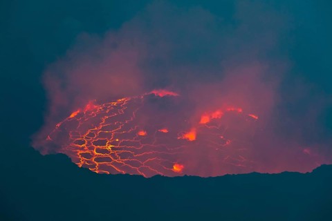 Boiling lava lake in the crater of Mount Nyiragongo volcano