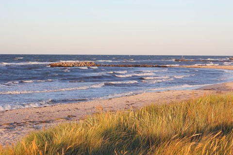 Views of the Schoenberger Strand beach and the Baltic Sea from the dike