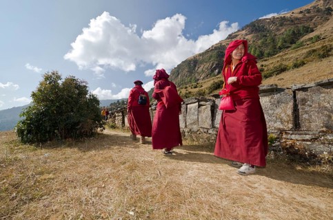 Monks and nuns wearing red cloths walking on a small path along a mountain slope