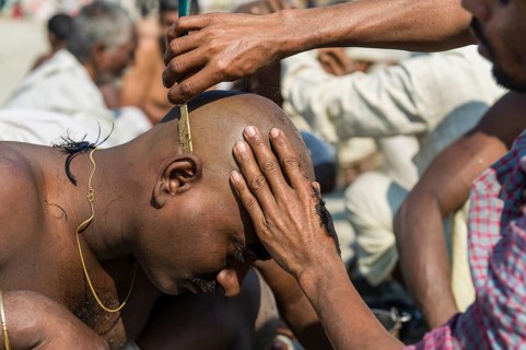 Pilgrim having his head shaved during Kumbha Mela