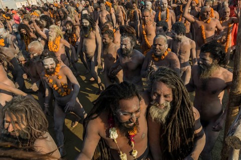 Crowds of naked Naga sadhus
