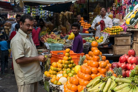 Street vendor arranging oranges for sale at a fruit stall