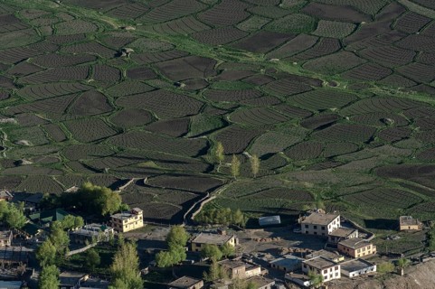 Aerial view of Kaza village and small fields