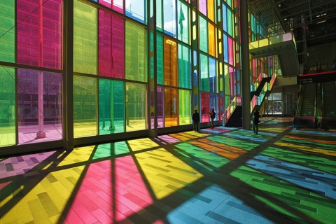 Colorful reflections in the foyer of the Palais des congrès de Montréal convention centre