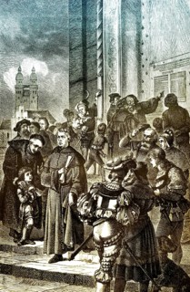Martin Luther hammering his 95 theses to the door of the Castle Church in Wittenberg