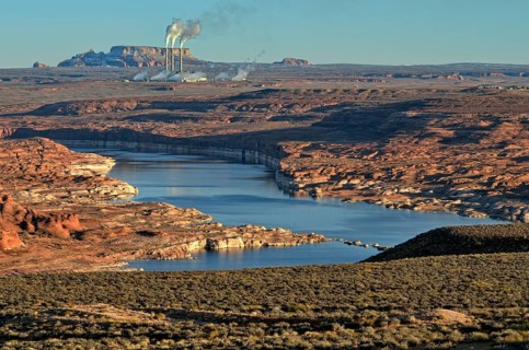 View over Lake Powell towards a coal power plant