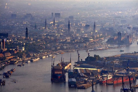 Blohm and Voss shipyard with floating docks in the Elbe River