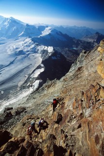 Mountaineers ascending on the Matterhorn normal route at Hoernli Ridge