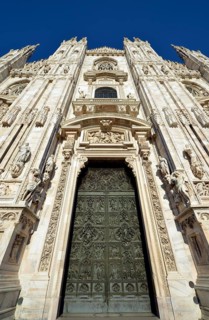 Bronze main door with scenes from the life of Mary
