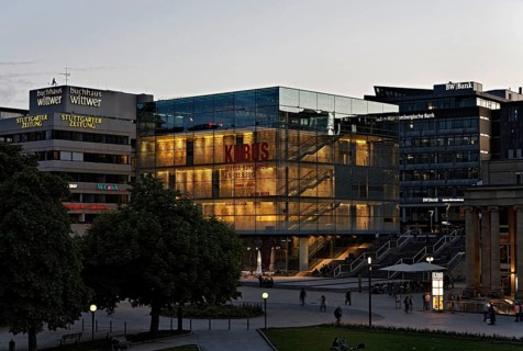 The glass cube of the Art Museum in Schlossplatz square