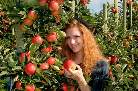 Young woman standing next to an apple tree holding an apple