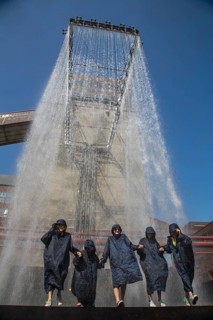 Art installation in front of the coal bunkers of the Zollverein "rAndom International: Tower - Instant Structure for Shaft XII - Urban Arts Ruhr"