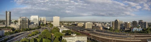 Skyline along the A40 motorway or Ruhrschnellweg with RWE Tower