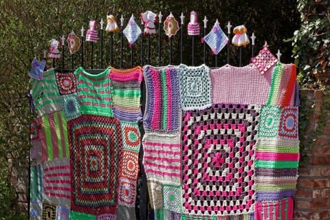 Knitted iron gate with Granny Square pattern
