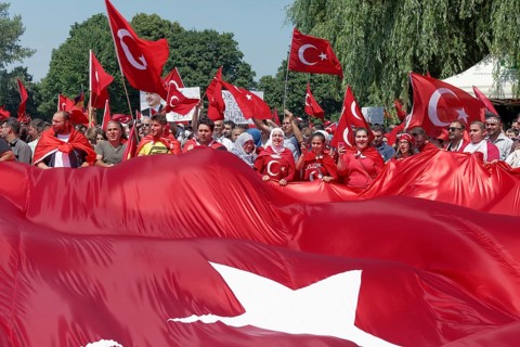 Large demonstration of supporters living in Germany of Turkish Prime Minister Recep Tayyip Erdogan in Rhine Park on 7th June 2013