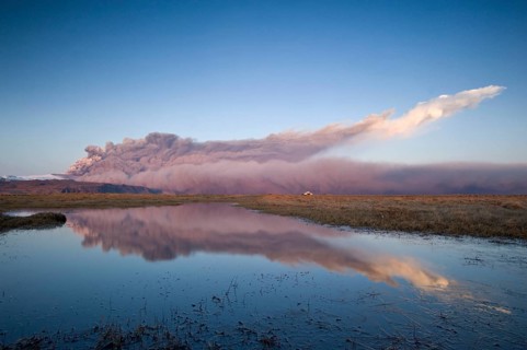 Ash cloud from the Eyjafjallajoekull volcano at sunset