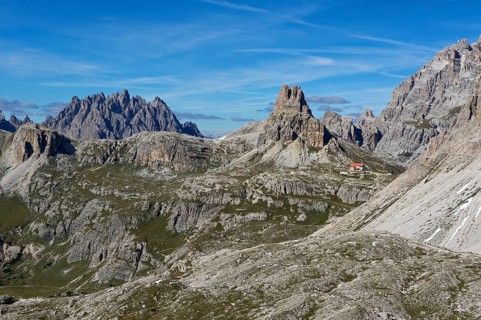 Dreizinnenhuette or Three Peaks Alpine hut with Toblinger Knoten Mountain