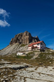 Dreizinnenhuette or Three Peaks Alpine hut with Toblinger Knoten Mountain