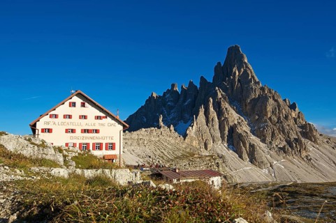 Dreizinnenhuette or Three Peaks Alpine hut in front of Paternkofel Mountain