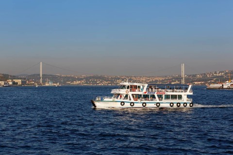Ferry on Bosphorus with Bosphorus Bridge