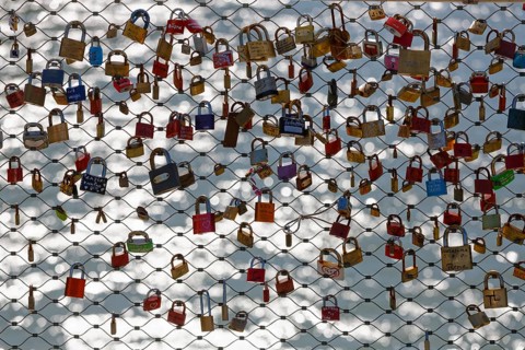 Love locks on Makartsteg bridge over the Salzach River