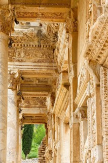 Ornate decorations on the top floor of the Library of Celsus