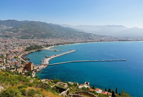 Historic town centre of Alanya with the port and Kizil Kule or Red Tower