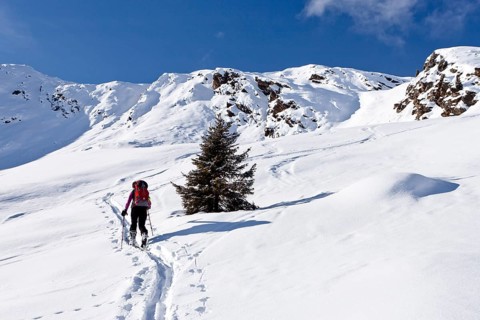 Cross-country skier ascending Wurzer Alpenspitz Mountain in the Ridnauntal Valley