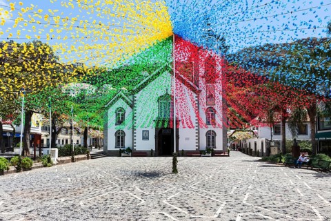 Festive decorations in front of the parish church of Sao Bento in Ribeira Brava