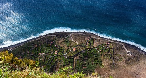 Terraces at the cliffs of Santa Maria Madalena at the foot of Mount Cabo Girao at Achadas da Cruz