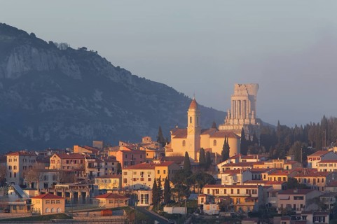 View over La Turbie with Tropaeum Alpium in the evening light