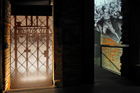 Life-size photo of the gate of Buchenwald Concentration Camp